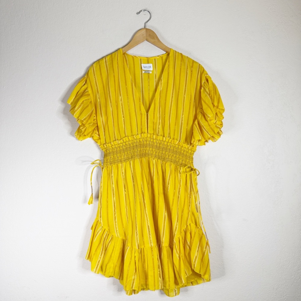 SAYLOR yellow and gold striped Adrianne ruffled mini dress MEDIUM